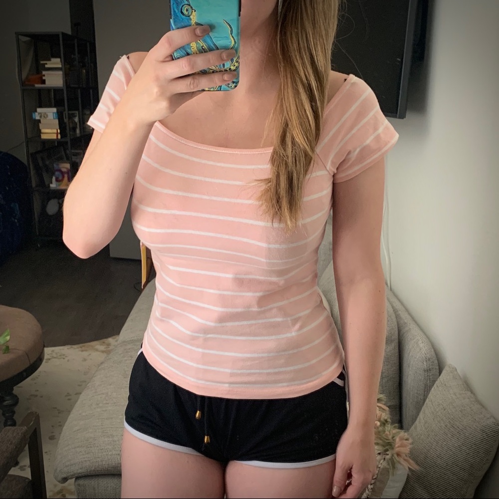 Forever 21 Pink White Striped Off the Shoulder Top